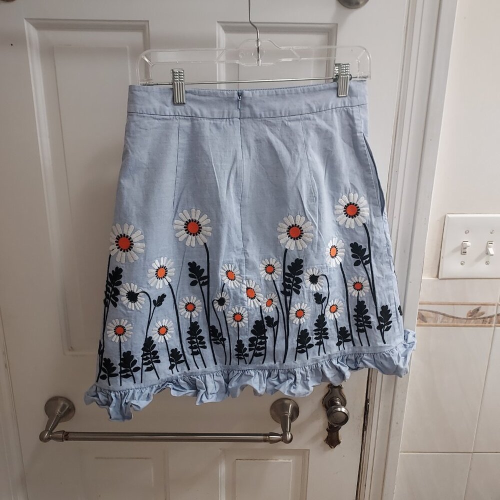 Orla Kiely Blue Floral Embroidered Ruffle Embroidery Chambray Skirt - Picture 7 of 11